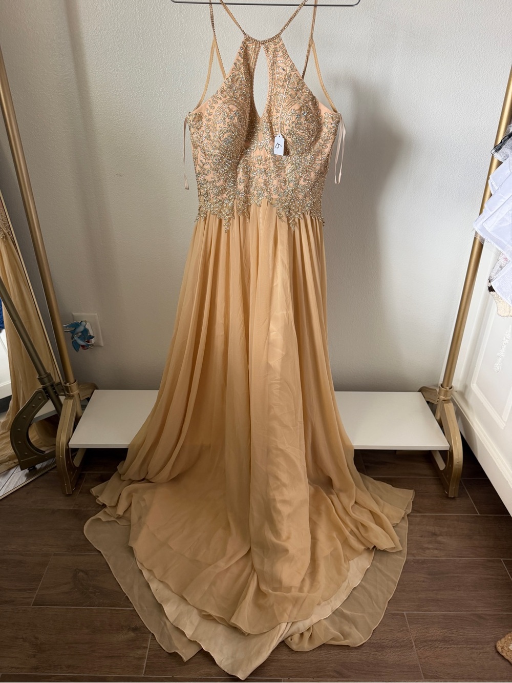 Dave & Johnny Gold Beaded Halter Prom Gown